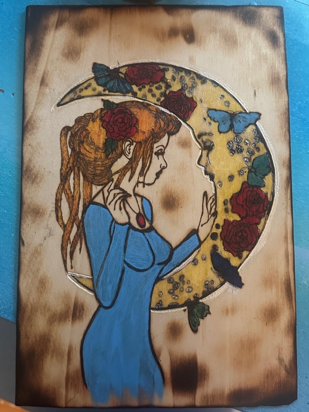Hand Crafted Blue & Gold Moon Maiden Wood Art